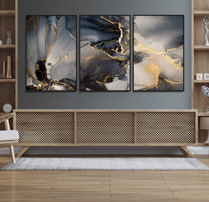 24068-MGV-FC-60X30-3P_Black-Luxury Abstract Wall Art – Gold & Gray Fluid Ink Painting Canvas, Modern Metallic Home Decor, Elegant Office or Living Room Accent