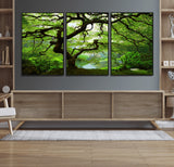 18094-MGV-FC-60X30-3P_Black-Emerald Canopy Wall Art – Panoramic Lush Green Tree Canvas Print, Serene Nature Decor for Office, Living Room or Meditation Space