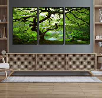 18094-MGV-FC-60X30-3P_Black-Emerald Canopy Wall Art – Panoramic Lush Green Tree Canvas Print, Serene Nature Decor for Office, Living Room or Meditation Space