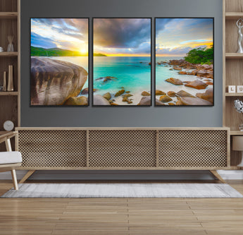 23769-MGV-FC-60X30-3P_Black-Tropical Beach Sunset Wall Art – Serene Ocean Canvas Print, Coastal Landscape Decor for Living Room, Bedroom or Office, Peaceful