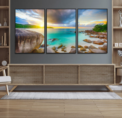 23769-MGV-FC-60X30-3P_Black-Tropical Beach Sunset Wall Art – Serene Ocean Canvas Print, Coastal Landscape Decor for Living Room, Bedroom or Office, Peaceful
