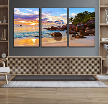 43209-MGV-CV-36X24-Tropical Beach Sunset Wall Art – Golden Ocean Waves and Palm Trees with Rocky Shore Canvas Print, Coastal Seascape Decor for