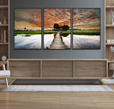 29105-MGV-CV-36X24-Rustic Wooden Bridge Wall Art – Scenic Sunset Over Rice Fields and Reflective Water Canvas Print, Nature Landscape Decor for