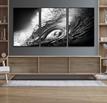22702-MGV-CV-36X24-Black and White Ocean Wave Wall Art – Powerful Surf Curl Photography Canvas Print, Modern Coastal Decor for Living Room, Office or