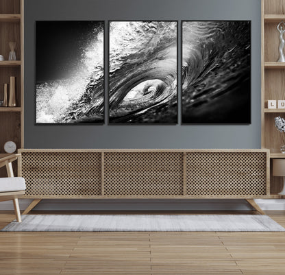 22702-MGV-CV-36X24-Black and White Ocean Wave Wall Art – Powerful Surf Curl Photography Canvas Print, Modern Coastal Decor for Living Room, Office or