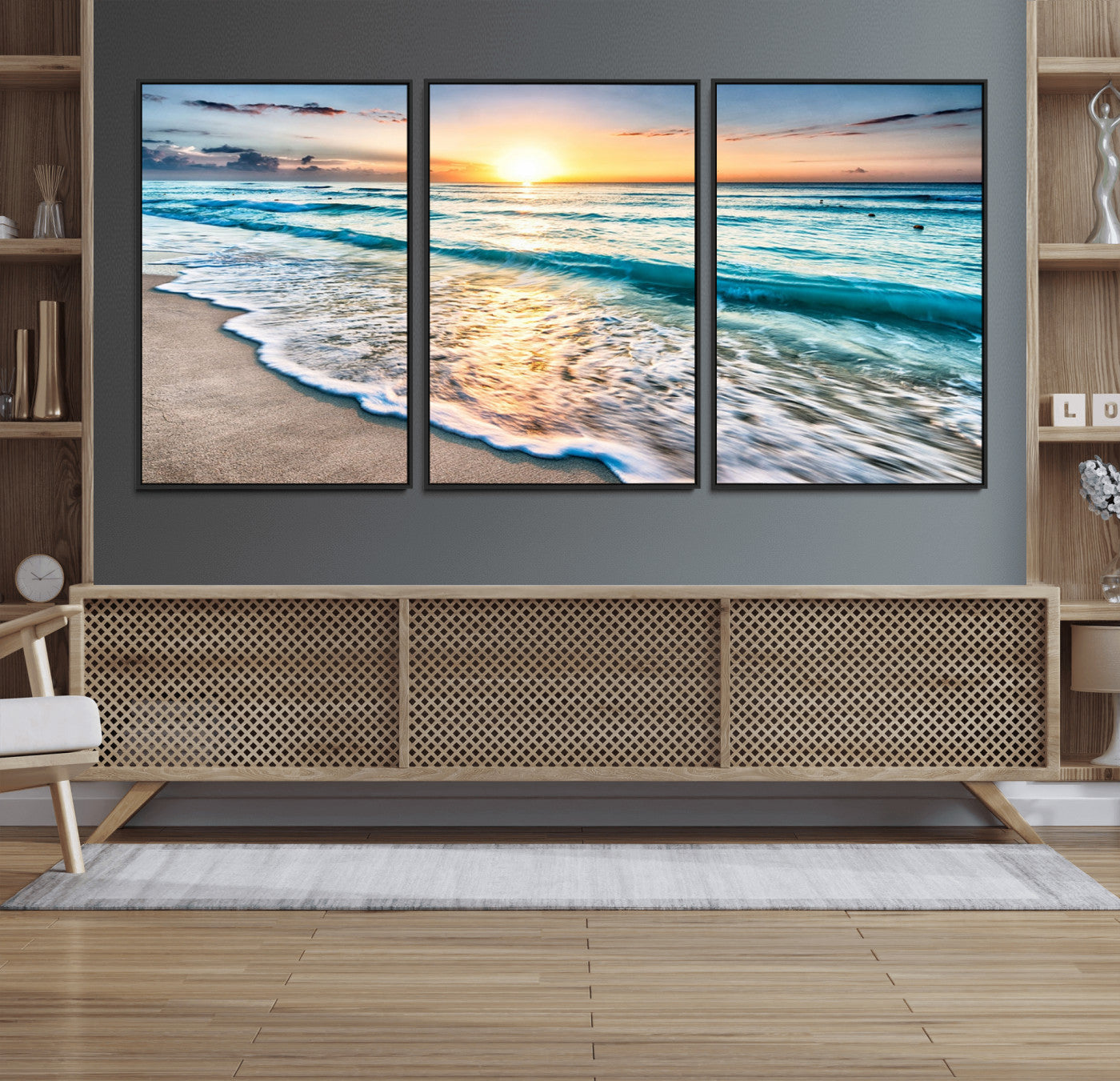 27815-MGV-CV-36X24-Ocean Sunrise Beach Wall Art – Serene Coastal Canvas Print with Waves and Golden Morning Light, Relaxing Seascape Decor for
