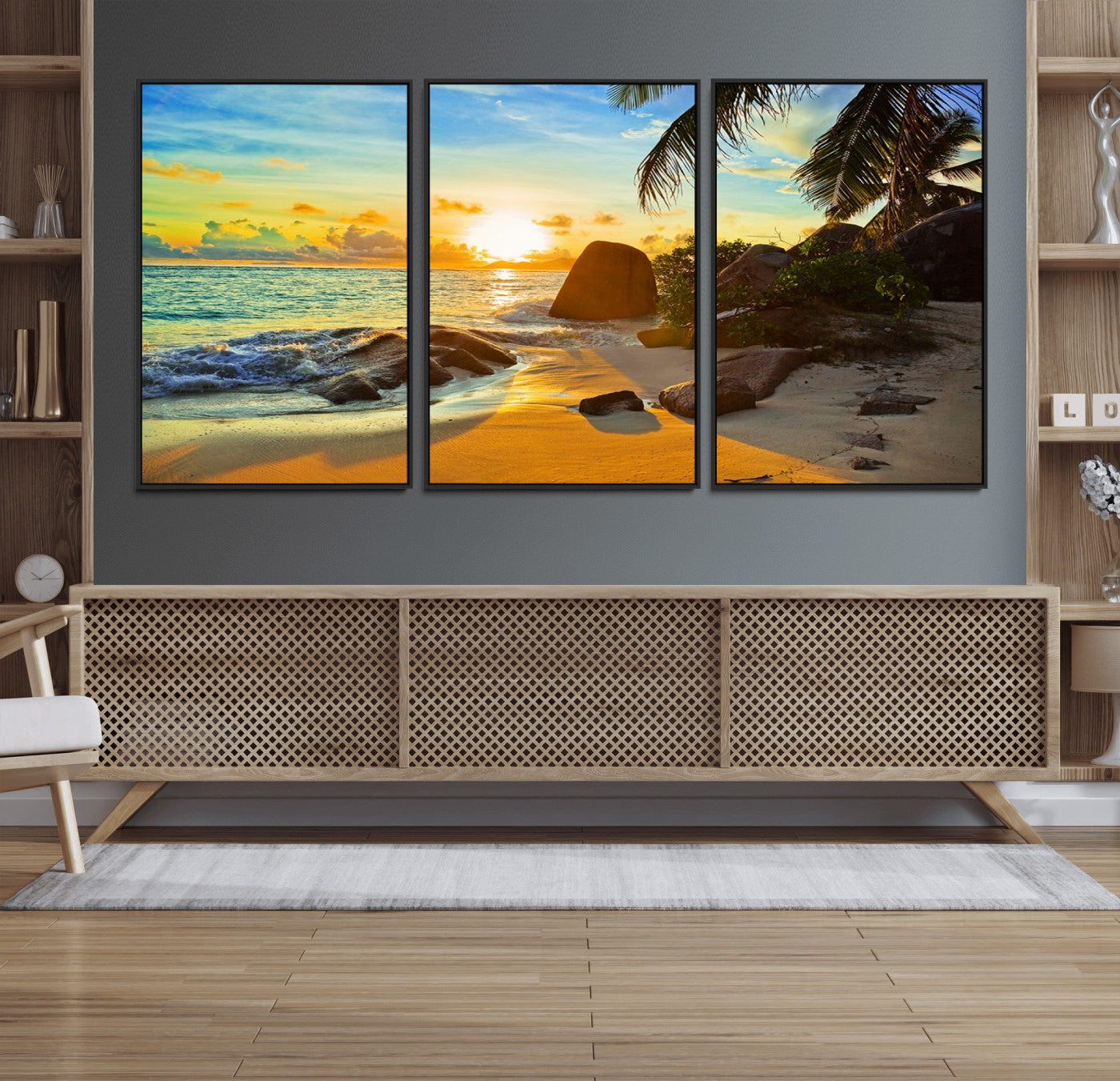 26181-MGV-CV-36X24-Golden Tropical Sunset Beach Wall Art – Ocean Canvas Print with Palm Trees and Rocks, Coastal Paradise Decor for Living Room or