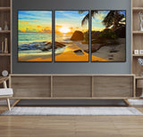 26181-MGV-CV-36X24-Golden Tropical Sunset Beach Wall Art – Ocean Canvas Print with Palm Trees and Rocks, Coastal Paradise Decor for Living Room or