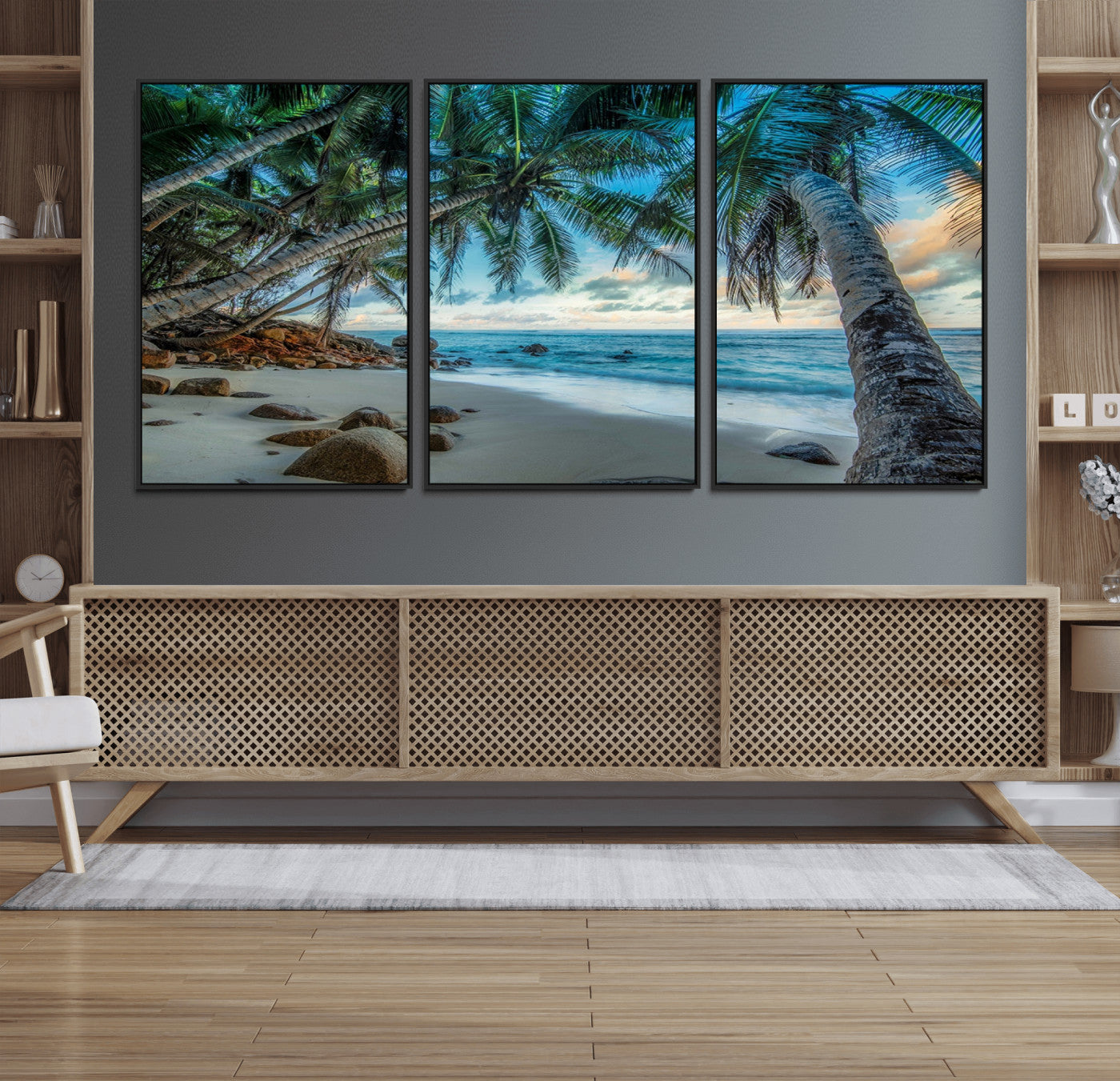 39679-MGV-CV-36X24-Tropical Palm Beach Wall Art – Serene Ocean Canvas Print with Palm Trees and Rocks, Coastal Paradise Decor for Living Room or