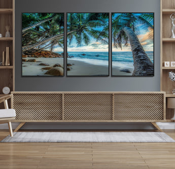 39679-MGV-CV-36X24-Tropical Palm Beach Wall Art – Serene Ocean Canvas Print with Palm Trees and Rocks, Coastal Paradise Decor for Living Room or