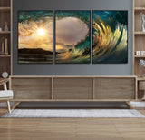 38256-MGV-CV-36X24-Ocean Wave Wall Art – Stunning Sunrise Through Curling Wave Canvas Print, Coastal Surf Photography Seascape Decor for Living Room,