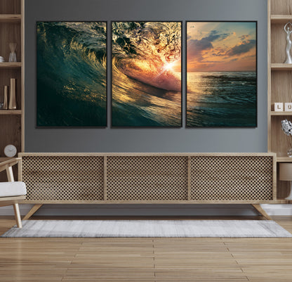 55359-MGV-CV-36X24-Radiant Ocean Wave Wall Art – Panoramic Surf Canvas Print, Vibrant Sunset Beach Decor for Home, Office or Man Cave