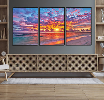 72836-MGV-CV-36X24-Fiery Sunset Beach Wall Art – Panoramic Vibrant Ocean Canvas Print, Dramatic Coastal Decor for Living Room, Bedroom or Office