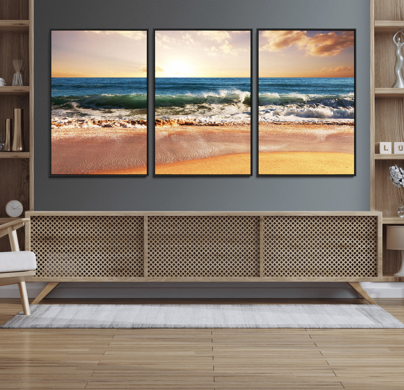 79005-MGV-CV-36X24-Golden Sunrise Ocean Waves Wall Art – Panoramic Seashore Canvas Print, Calming Coastal Decor for Home, Office or Relaxation Space
