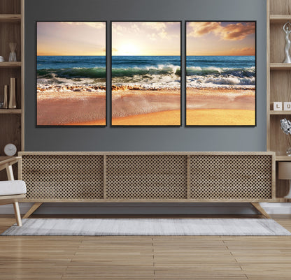 79005-MGV-CV-36X24-Golden Sunrise Ocean Waves Wall Art – Panoramic Seashore Canvas Print, Calming Coastal Decor for Home, Office or Relaxation Space