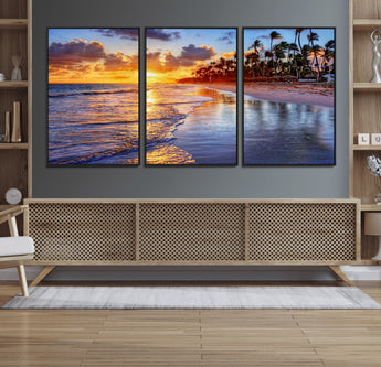 19917-MGV-CV-36X24-Tropical Sunset Beach Wall Art – Panoramic Palm Trees and Ocean Canvas Print, Vibrant Coastal Decor for Living Room, Office or Man