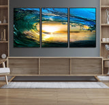 19378-MGV-CV-36X24-Ocean Wave Sunset Wall Art – Vibrant Surf and Golden Horizon Canvas Print, Coastal Seascape Photography for Living Room, Bedroom,