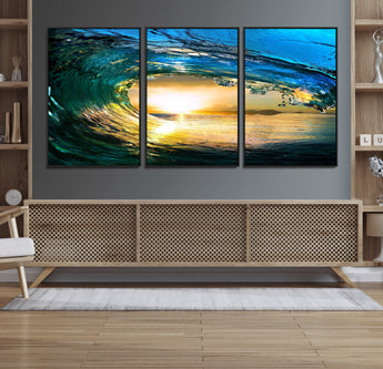 19378-MGV-CV-36X24-Ocean Wave Sunset Wall Art – Vibrant Surf and Golden Horizon Canvas Print, Coastal Seascape Photography for Living Room, Bedroom,