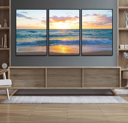 78006-MGV-CV-36X24-Golden Sunrise Ocean Wall Art – Panoramic Beach Waves Canvas Print, Coastal Seascape Artwork for Living Room, Bedroom, Office, or