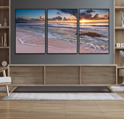 94906-MGV-CV-36X24-Sunrise Beach Wall Art – Panoramic Ocean Waves Canvas Print, Coastal Sunset Seascape Artwork for Living Room, Bedroom, or Office