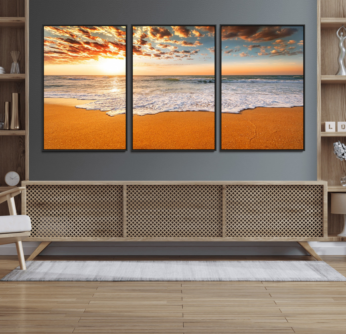 15399-MGV-CV-36X24-Golden Sunrise Beach Wall Art – Ocean Waves on Sandy Shore Canvas Print, Coastal Seascape Decor for Living Room or Bedroom