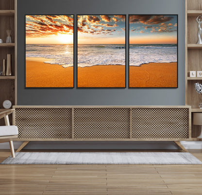 15399-MGV-CV-36X24-Golden Sunrise Beach Wall Art – Ocean Waves on Sandy Shore Canvas Print, Coastal Seascape Decor for Living Room or Bedroom