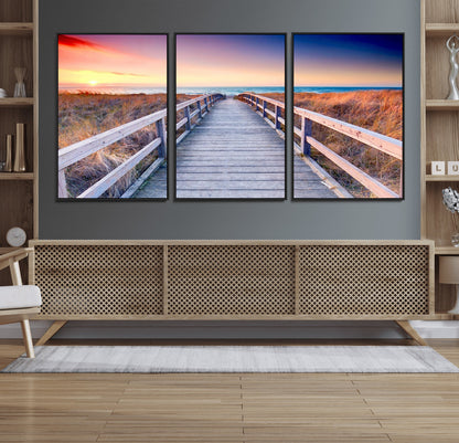 60625-MGV-CV-36X24-Beach Boardwalk Sunrise Wall Art – Coastal Pathway to Ocean Canvas Print, Seaside Landscape Decor for Home or Office