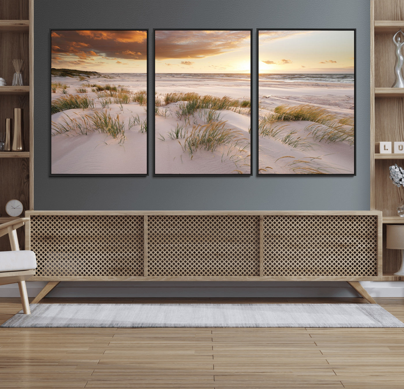 61246-MGV-CV-36X24-Coastal Sand Dunes Wall Art – Serene Beach Sunset Canvas Print with Grasses and Ocean View, Tranquil Seaside Decor for Living Room