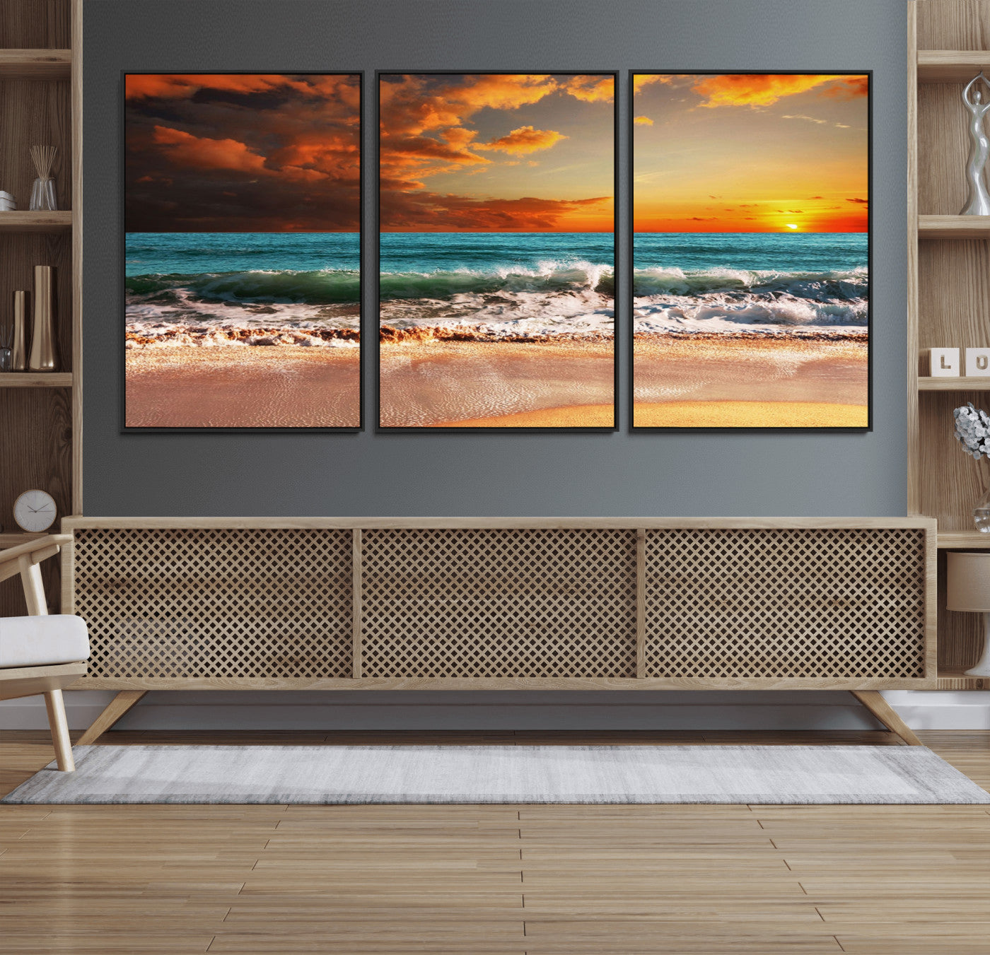 72948-MGV-CV-36X24-Ocean Sunset Wave Wall Art – Dramatic Seascape Canvas Print with Golden Sky and Crashing Waves, Coastal Beach Decor for Living