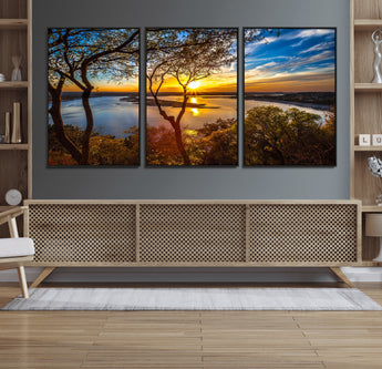 71863-MGV-FC-60X30-3P_Black-Lake Sunset Wall Art – Scenic Nature Canvas Print with Trees and Golden Sky, Serene Landscape Decor for Living Room, Bedroom or