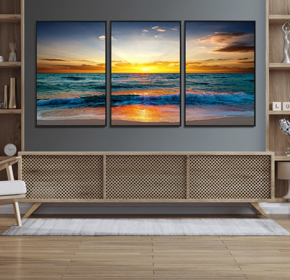 50627-MGV-CV-36X24-Ocean Sunset Wall Art – Serene Beach Canvas Print with Waves and Golden Sky, Coastal Decor for Living Room or Office