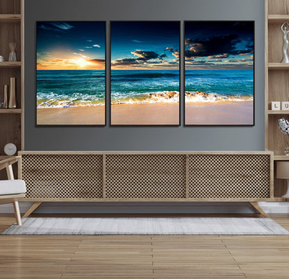 88985-MGV-CV-36X24-Ocean Sunset Wall Art – Tranquil Beach Waves Canvas Print, Coastal Seascape Decor for Living Room or Office