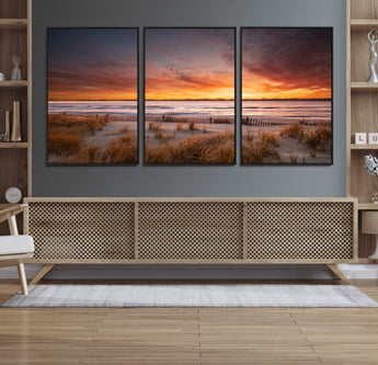 90176-MGV-CV-36X24-Beach Sunset Wall Art – Coastal Sand Dune Canvas Print with Ocean Waves and Dramatic Sky, Seaside Landscape Decor for Living Room