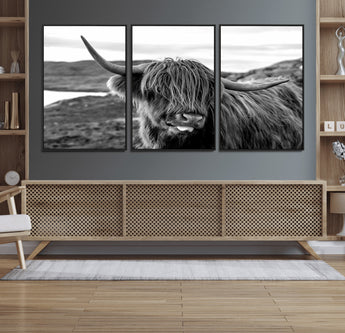83810-MGV-FC-60X30-3P_Black-Highland Cow Wall Art – Black and White Highland Cattle Print, Rustic Farmhouse Animal Decor for Living Room or Office