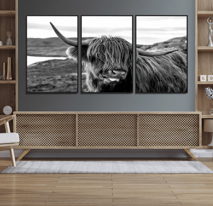 83810-MGV-FC-60X30-3P_Black-Highland Cow Wall Art – Black and White Highland Cattle Print, Rustic Farmhouse Animal Decor for Living Room or Office