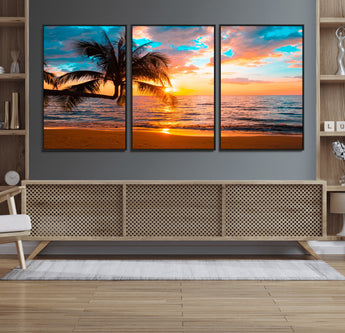 34674-MGV-CV-36X24-Tropical Sunset Beach Wall Art – Palm Tree Ocean Canvas Print, Coastal Seascape Decor for Living Room or Office Wall