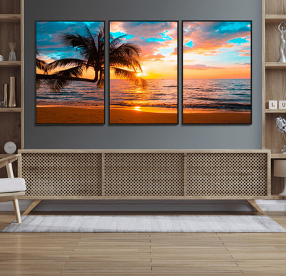 34674-MGV-CV-36X24-Tropical Sunset Beach Wall Art – Palm Tree Ocean Canvas Print, Coastal Seascape Decor for Living Room or Office Wall
