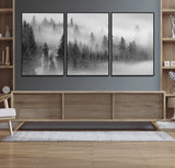 57235-MGV-FC-60X30-3P_Black-Misty Pine Forest Wall Art – Black and White Mountain Landscape Canvas Print, Nature Woodland Decor for Living Room, Bedroom or