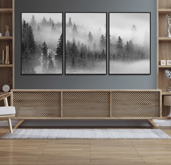 57235-MGV-FC-60X30-3P_Black-Misty Pine Forest Wall Art – Black and White Mountain Landscape Canvas Print, Nature Woodland Decor for Living Room, Bedroom or