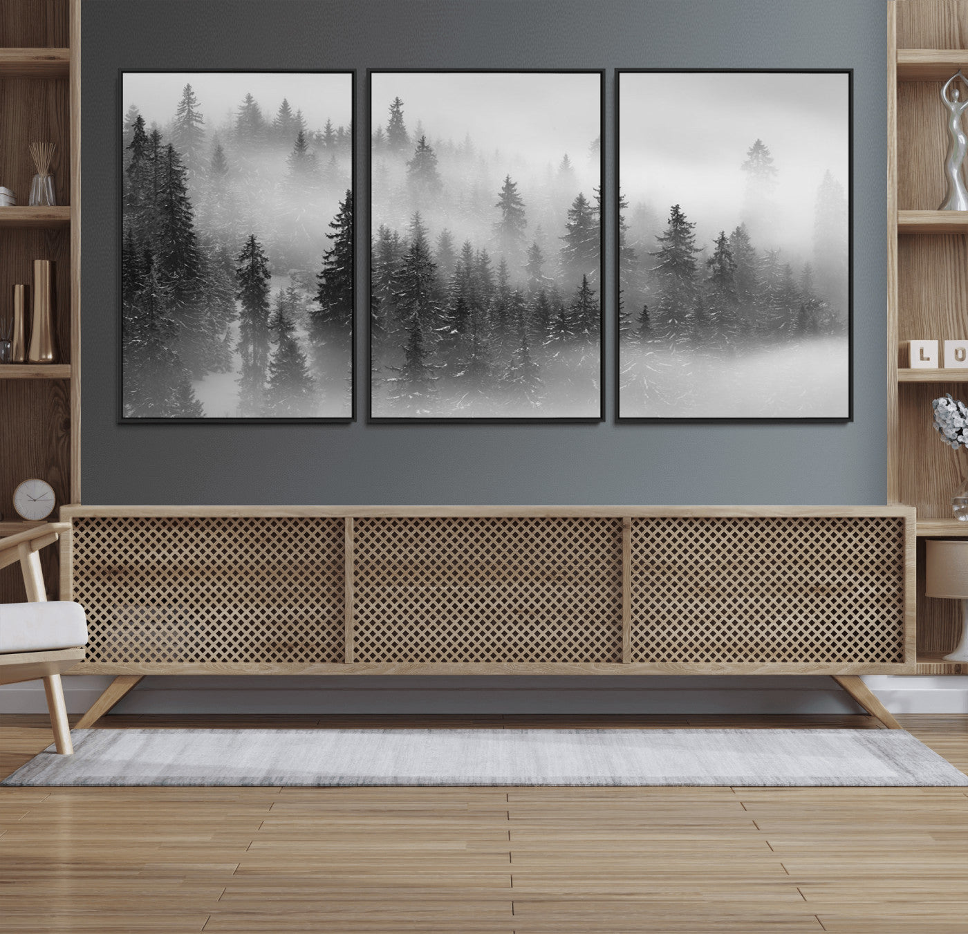57235-MGV-CV-36X24-Misty Pine Forest Wall Art – Black and White Mountain Landscape Canvas Print, Nature Woodland Decor for Living Room, Bedroom or
