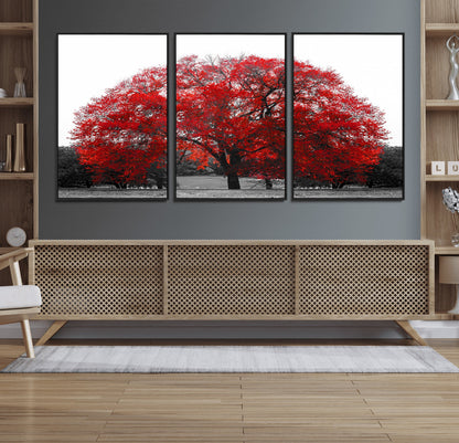 80021-MGV-FC-60X30-3P_Black-Red Tree Wall Art – Striking Black and White Landscape Canvas Print with Vibrant Red Leaves, Modern Nature Decor for Living Room
