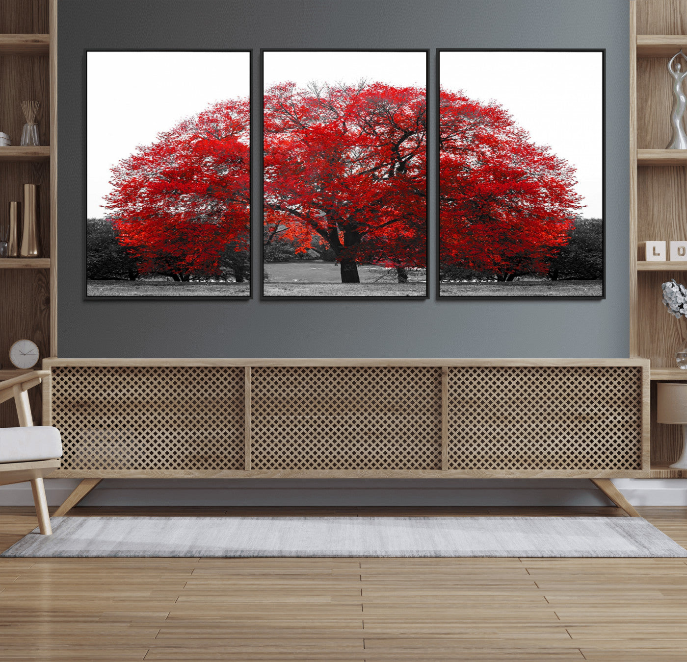 80021-MGV-CV-36X24-Red Tree Wall Art – Striking Black and White Landscape Canvas Print with Vibrant Red Leaves, Modern Nature Decor for Living Room