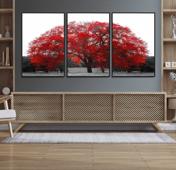 80021-MGV-CV-36X24-Red Tree Wall Art – Striking Black and White Landscape Canvas Print with Vibrant Red Leaves, Modern Nature Decor for Living Room