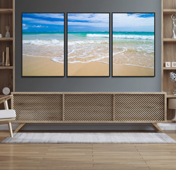 20660-MGV-CV-36X24-Ocean Wave Beach Wall Art – Serene Blue Sea and Sandy Shore Canvas Print, Coastal Landscape Photography Decor for Living Room or