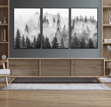 10422-MGV-FC-60X30-3P_Black-Misty Pine Forest Wall Art – Black and White Foggy Landscape Canvas Print, Serene Nature Woodland Decor for Bedroom, Office or