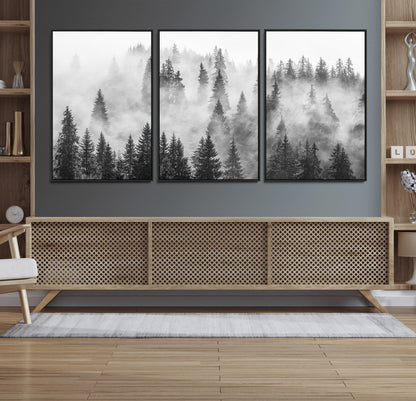 10422-MGV-CV-36X24-Misty Pine Forest Wall Art – Black and White Foggy Landscape Canvas Print, Serene Nature Woodland Decor for Bedroom, Office or