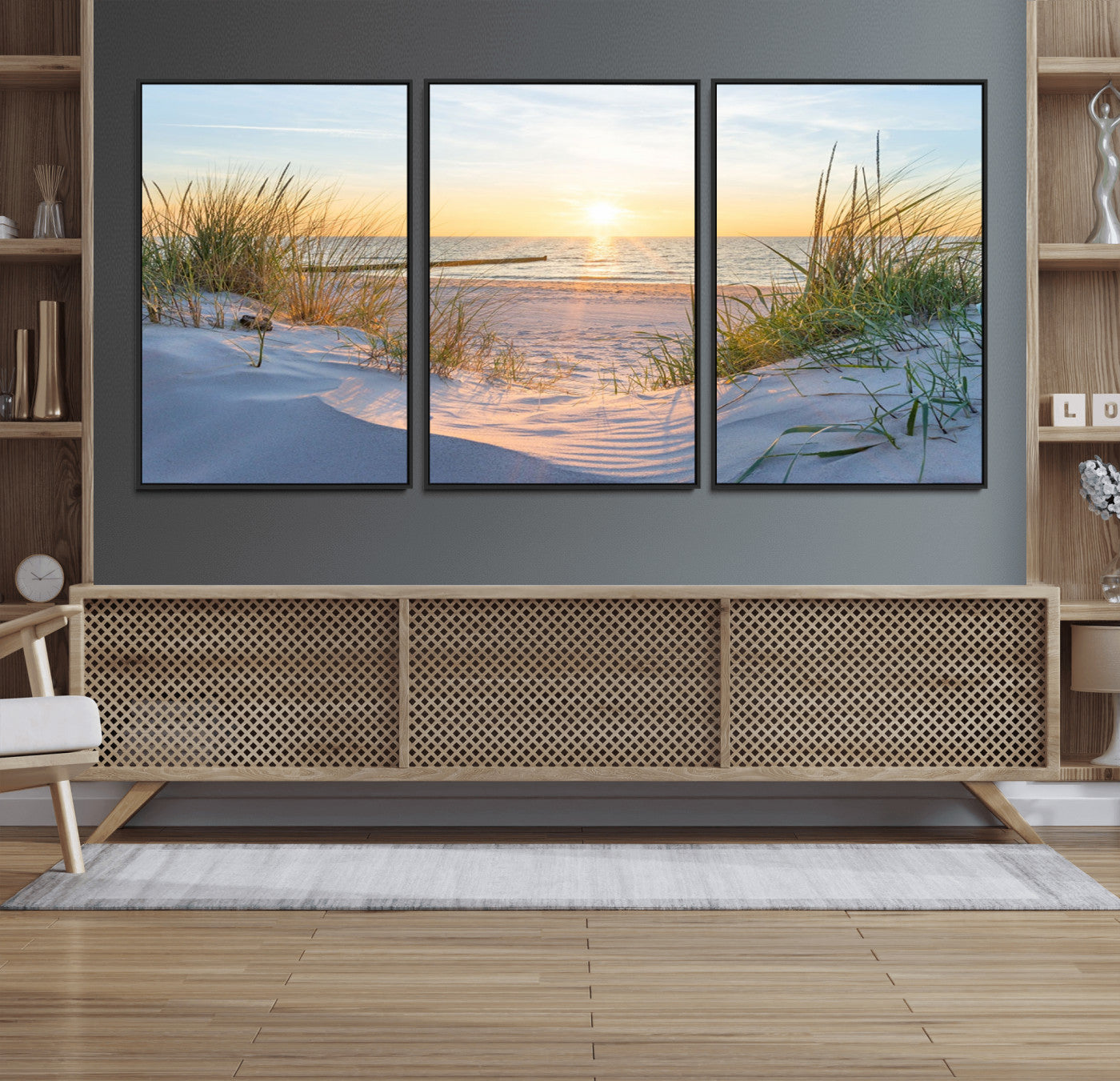 48907-MGV-CV-36X24-Beach Sunset Wall Art – Coastal Sand Dunes and Ocean View Canvas Print, Serene Seaside Landscape Painting for Living Room, Bedroom
