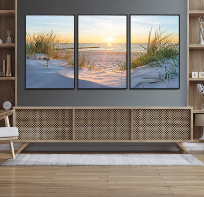 48907-MGV-CV-36X24-Beach Sunset Wall Art – Coastal Sand Dunes and Ocean View Canvas Print, Serene Seaside Landscape Painting for Living Room, Bedroom