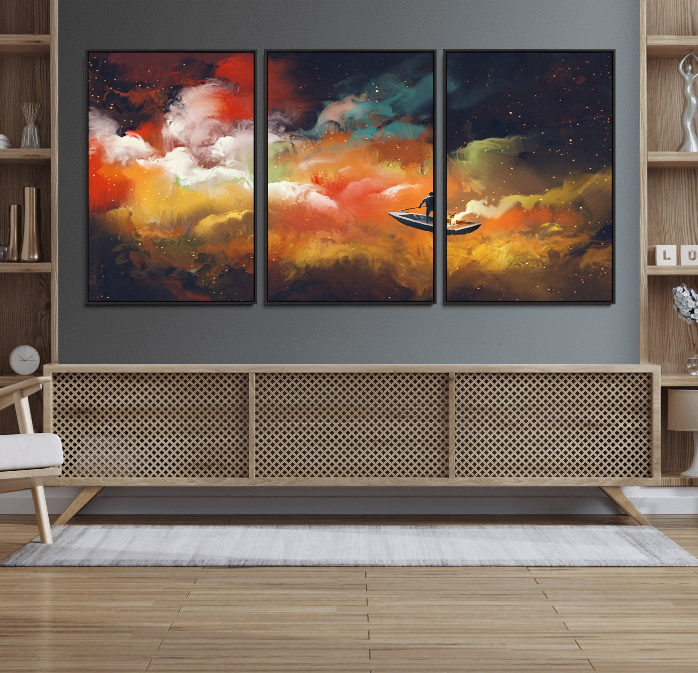 45085-MGV-FC-60X30-3P_Black-Surreal Cosmic Wall Art – Abstract Galaxy Dreamscape Canvas Print with Man and Dog in Boat, Fantasy Nebula Painting for Living