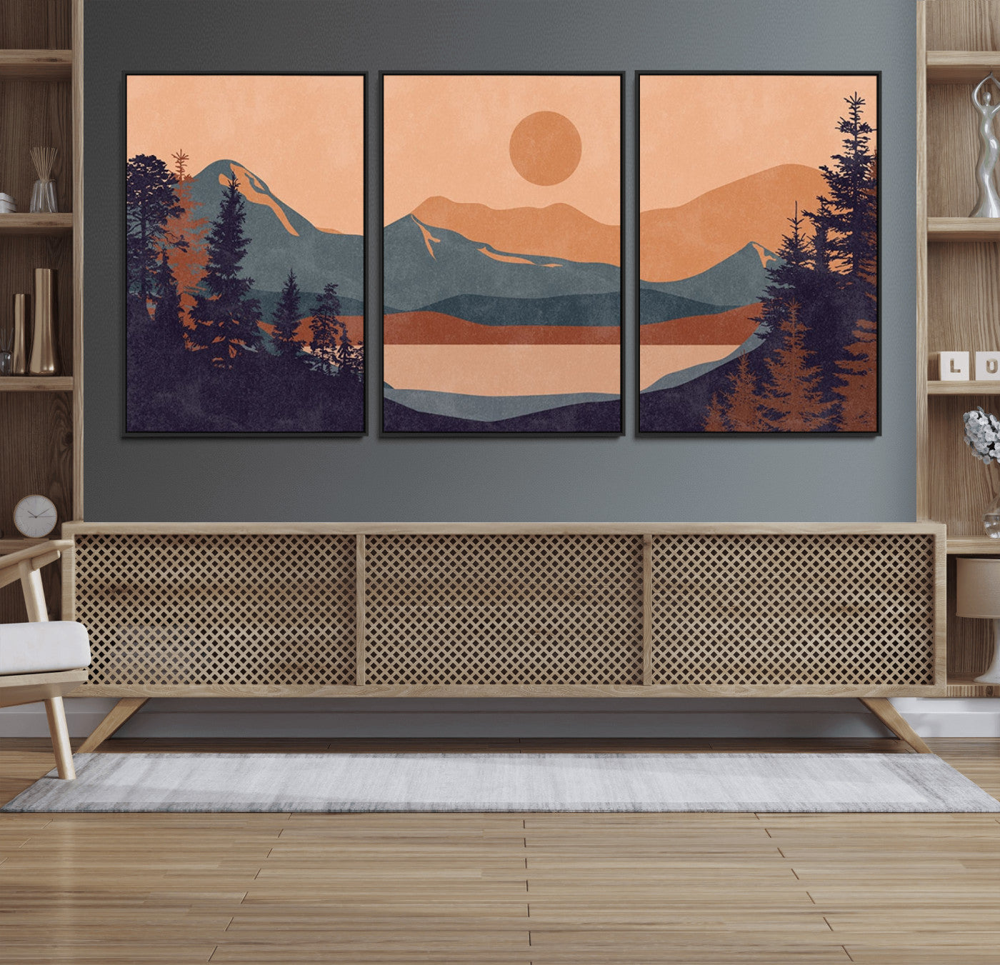 62795-MGV-FC-60X30-3P_Black-Minimalist Mountain Landscape Wall Art – Abstract Sunset Over Peaks and Pine Trees Canvas Print, Modern Nature Decor for Living